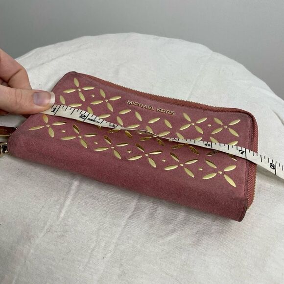 Michael Kors Large Zip Around Suede Wallet Rose Pink Gold Detail Clutch Case - Picture 5 of 10